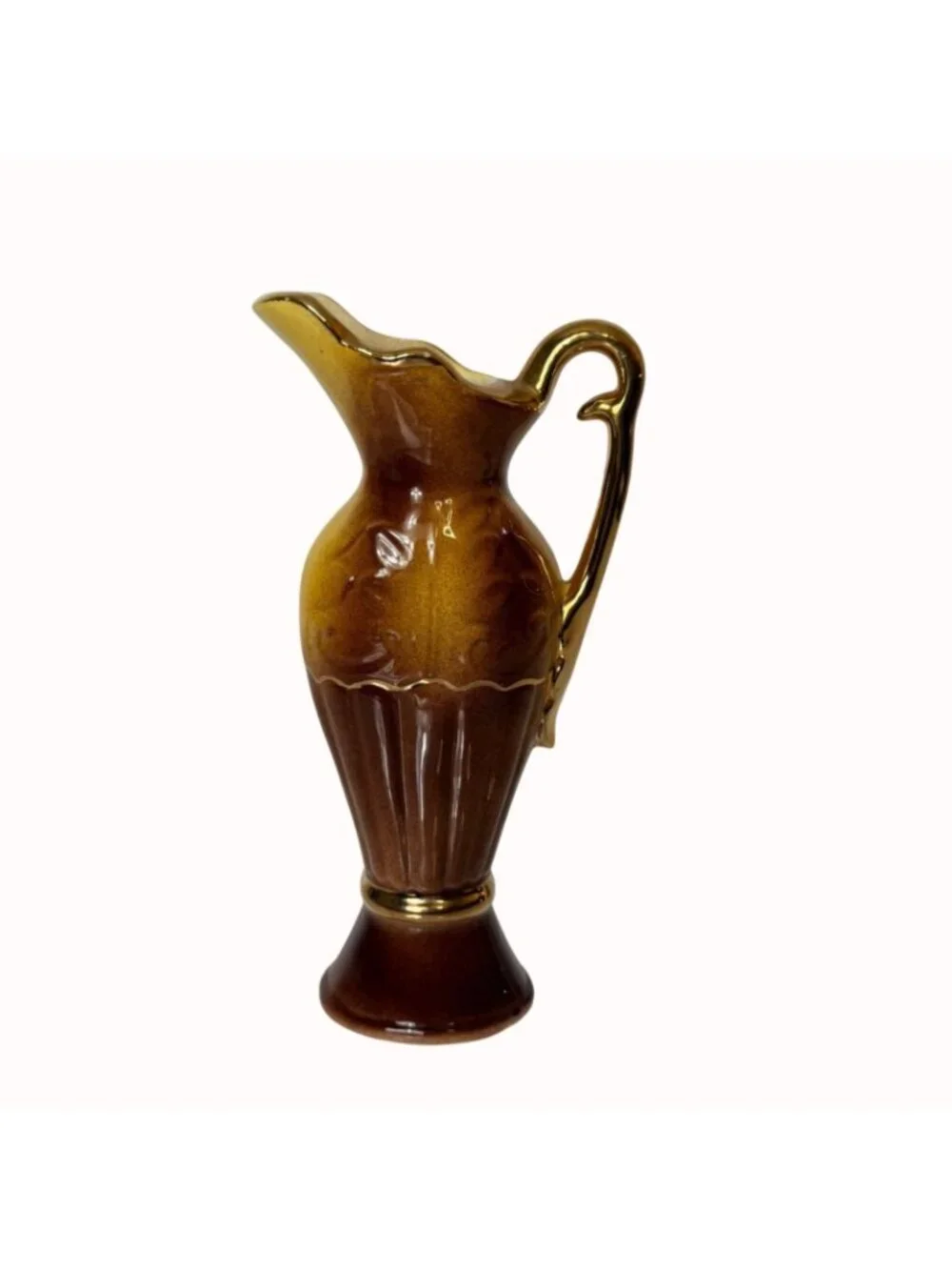 Vintage Mini Bud Vase 23K Gold Ceramic Ewer Pitcher Brown Amber Floral